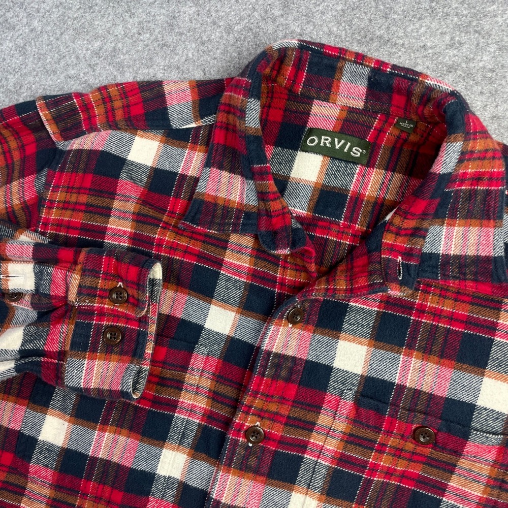 Orvis Mens Red Plaid Flannel Button Down Shirt 1L21 Long Sleeve Cotton Large